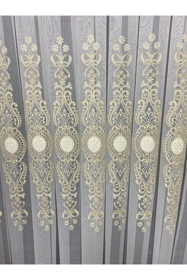 Ottoman Altın Gold Kort Nakılşlı Salon 3 kat Pileli Tül Perde